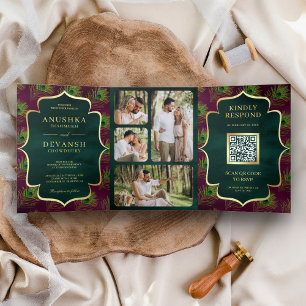 Convite Com Dobra Tripla Código QR de Noiva com Pena de Pavão Roxo Verde Am