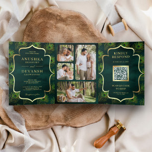Convite Com Dobra Tripla Código QR de Noiva com Penas de Pavão Verde Esmera
