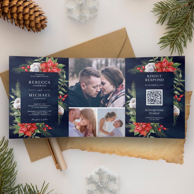 Convite Com Dobra Tripla Código QR de Poinsettia Rústica Natal Casamento Az (Criador carregado)