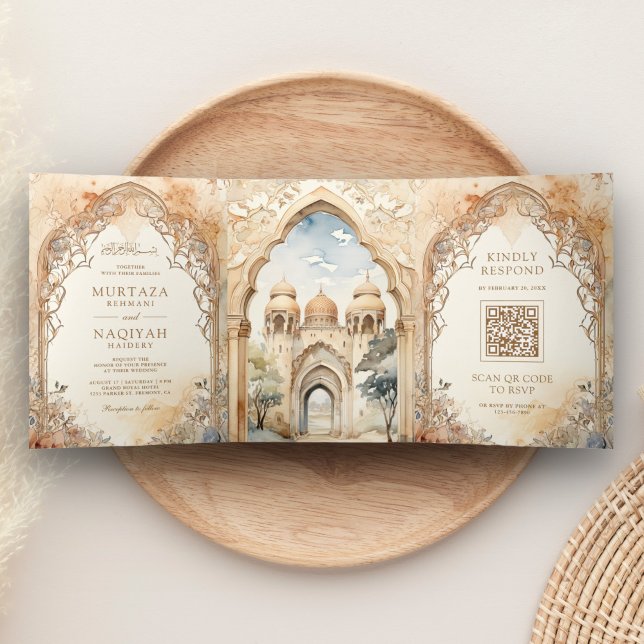 Convite Com Dobra Tripla Código QR do Arco do Antigo Palácio Árabe Casament (Criador carregado)