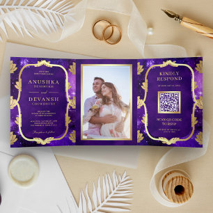 Convite Com Dobra Tripla Código QR do Lótus Dourado da Galáxia Roxa Casamen