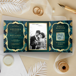 Convite Com Dobra Tripla Código QR do Lótus Dourado da Galáxia Verde Casame