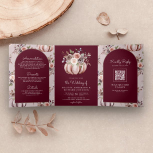 Convite Com Dobra Tripla Código QR Floral de Abóbora Neutra Casamento Borgo