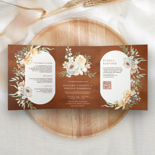 Convite Com Dobra Tripla Código QR Floral de Pêssego em Aquarela Casamento