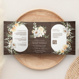 Convite Com Dobra Tripla Código QR Floral de Pêssego em Madeira de Celeiro