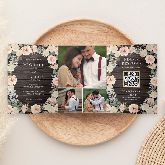 Convite Com Dobra Tripla Código QR Floral de Pêssego Empoeirado de Madeira  (Criador carregado)