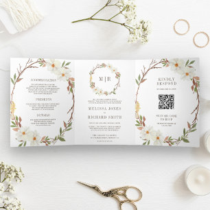 Convite Com Dobra Tripla Código QR Floral Magnólia Branca Rústica Casamento