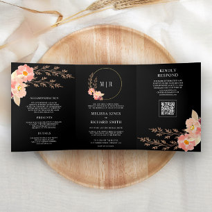 Convite Com Dobra Tripla Código QR Floral Orquídea Boho Peach Casamento Pre