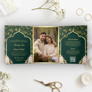 Convite Com Dobra Tripla Código QR Floral Paisley Ouro Esmeralda Casamento