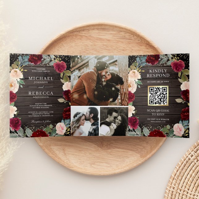 Convite Com Dobra Tripla Código QR Floral Pêssego Borgonha Celebração de Ca (Criador carregado)