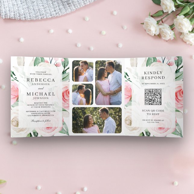 Convite Com Dobra Tripla Código QR Floral Rosa Bege Marfim Rústico Casament (Criador carregado)