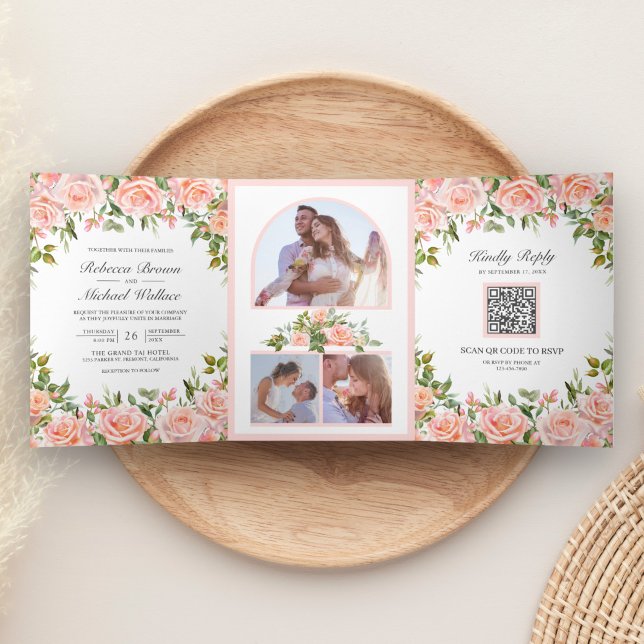Convite Com Dobra Tripla Código QR Floral Rosa Bege Rústico Casamento (Criador carregado)