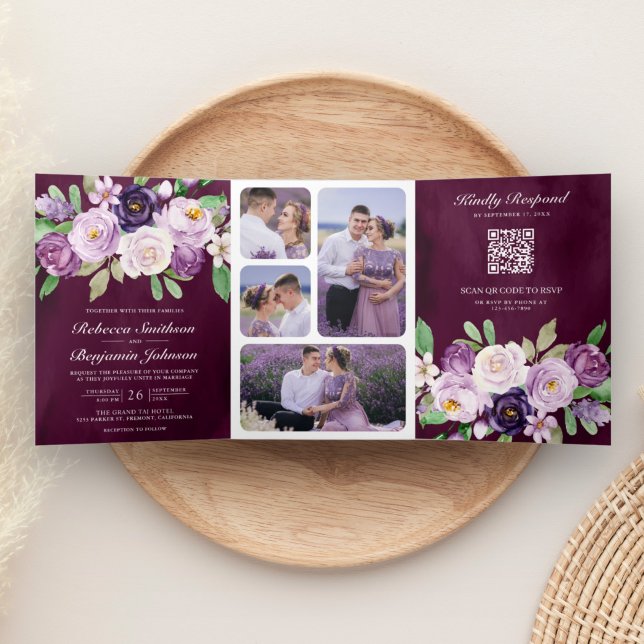 Convite Com Dobra Tripla Código QR Floral Roxo Casamento Moody Plum Escuro (Criador carregado)