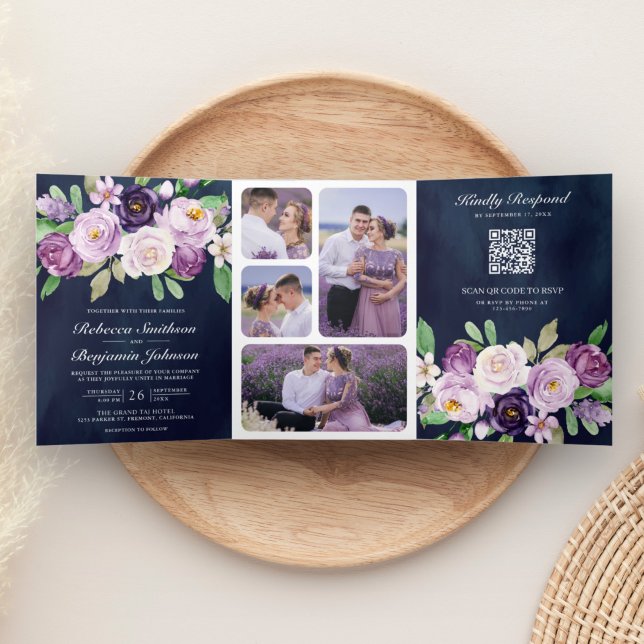 Convite Com Dobra Tripla Código QR Floral Roxo Rústico Casamento Azul Marin (Criador carregado)