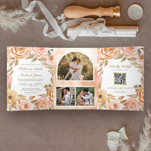 Convite Com Dobra Tripla Código QR Floral Rústico Terroso Outono Casamento