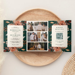 Convite Com Dobra Tripla Código QR Floral Terracota Creme Casamento Esmeral
