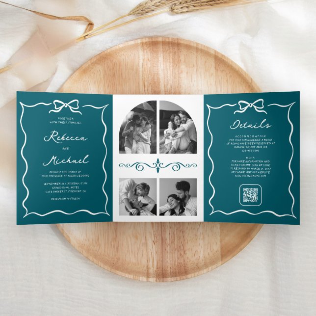 Convite Com Dobra Tripla Código QR Foto de Casamento Arco Branco Desenhado  (Criador carregado)