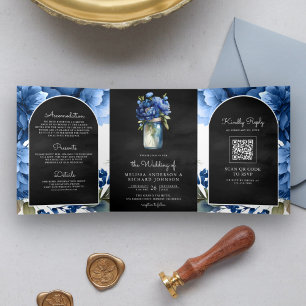 Convite Com Dobra Tripla Código QR Jarro de Pedra Floral Azul Real Casament