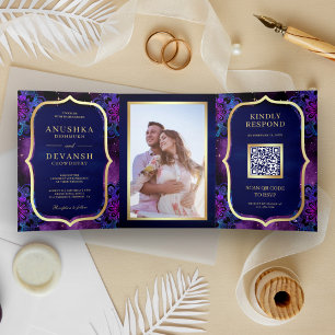 Convite Com Dobra Tripla Código QR Mandala Azul da Galáxia Roxa Casamento I