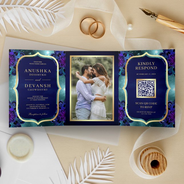 Convite Com Dobra Tripla Código QR Mandala Azul Galáxia Verde-água Casament (Criador carregado)