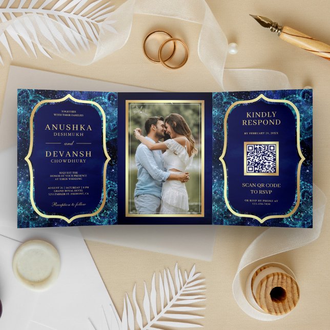 Convite Com Dobra Tripla Código QR Mandala da Galáxia Azul Real Casamento I (Criador carregado)