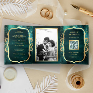 Convite Com Dobra Tripla Código QR Mandala Dourado Galáxia Turquesa Casamen