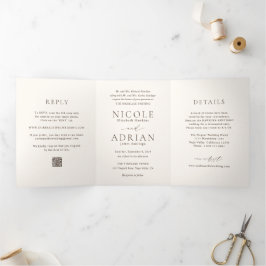 Convite Com Dobra Tripla Código QR Marfim Clássico Casamento Elegante