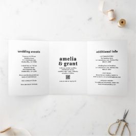 Convite Com Dobra Tripla Código QR Preto e Branco de Foto de Casamento com