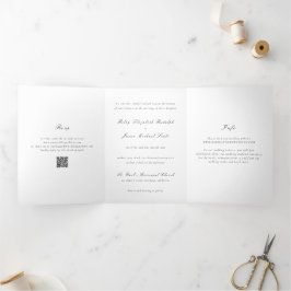 Convite Com Dobra Tripla Código QR Preto e Branco Limpo Casamento Elegante