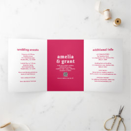 Convite Com Dobra Tripla Código QR Rosa Quente Fonte Retro Foto Casamento M