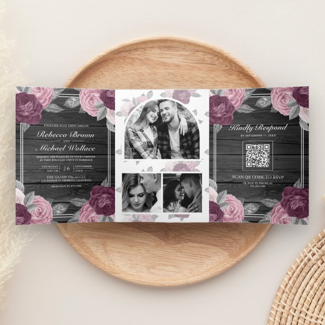 Convite Com Dobra Tripla Código QR Rosa Roxo Rosa Violeta Empoeirado Madeir (Criador carregado)