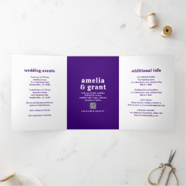 Convite Com Dobra Tripla Código QR Roxo de Fonte Retro Foto Casamento Moder