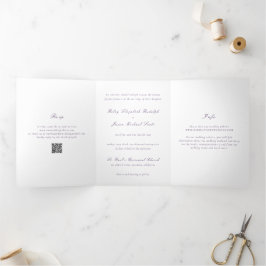 Convite Com Dobra Tripla Código QR Roxo Limpo Casamento Elegante