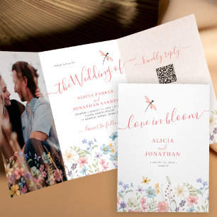Convite Com Dobra Tripla Código QR RSVP tudo em um casamento floral