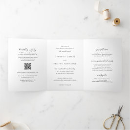 Convite Com Dobra Tripla Código QR Simples Preto e Branco Limpo Casamento
