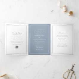 Convite Com Dobra Tripla Código QR Tradicional Azul Empoeirado Casamento At