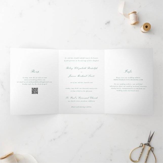 Convite Com Dobra Tripla Código QR Verde Esmeralda Limpo Casamento Elegante (Dentro)