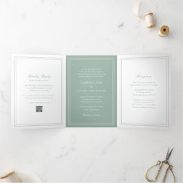 Convite Com Dobra Tripla Código QR Verde Sage Tradicional Casamento Atempor