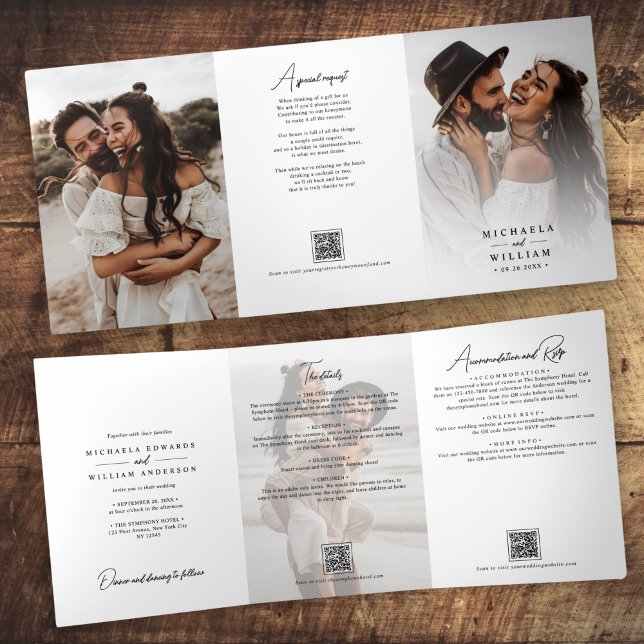 Convite Com Dobra Tripla Códigos QR Tudo-em-Um Casamento Elegant Script (Criador carregado)