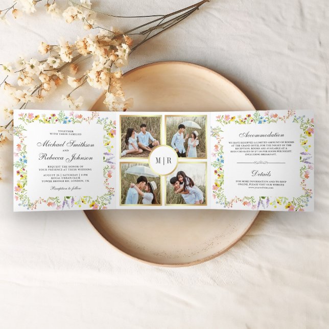 Convite Com Dobra Tripla Colagem de Foto Rustic Wildflower All in One Weddi (Criador carregado)