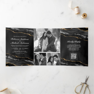 Convite Com Dobra Tripla Colagem de Fotos com Código QR Casamento Charcoal