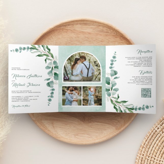 Convite Com Dobra Tripla Colagem de Fotos com Código QR de Casamento com Ga (Criador carregado)