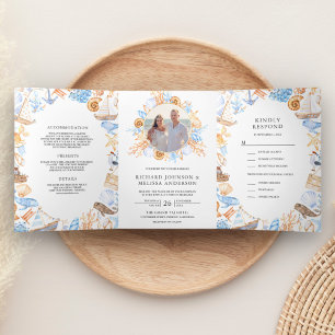 Convite Com Dobra Tripla Colagem de Fotos de Casamento com Moldura Náutica