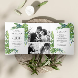 Convite Com Dobra Tripla Colagem de Fotos de Casamento com Palmeira Tropica