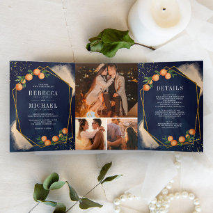 Convite Com Dobra Tripla Colagem de Fotos de Casamento Laranja Cítrico Azul