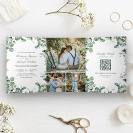 Convite Com Dobra Tripla Colagem de Fotos de Eucalipto Moderno Código QR Ca