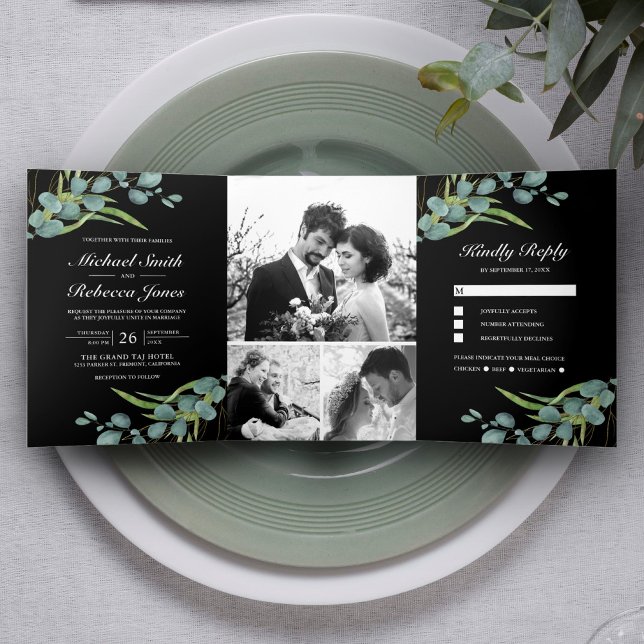 Convite Com Dobra Tripla Colagem de Fotos de Eucalipto Rústico Casamento Pr (Criador carregado)