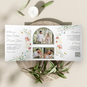 Convite Com Dobra Tripla Colagem de Fotos de Flores Silvestres Rústicas com