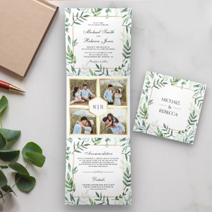 Convite Com Dobra Tripla Colagem de Fotos de Folhas Botânicas para Casament