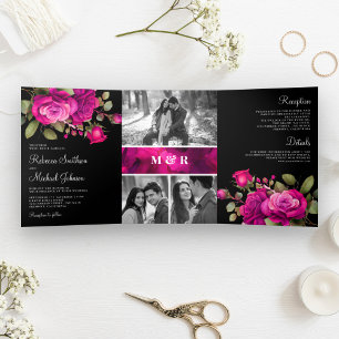 Convite Com Dobra Tripla Colagem de Fotos de Rosas Rosa Quente Fúcsia Casam